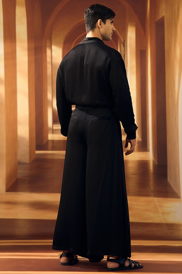 Black Modal Satin Wrap Party Wear Shirt by Vivek Karunakaran at Pernia's Pop Up Shop