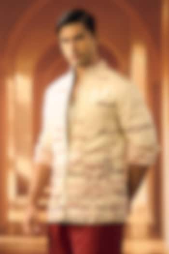 Cream Linen Printed Shacket by Vivek Karunakaran at Pernia's Pop Up Shop