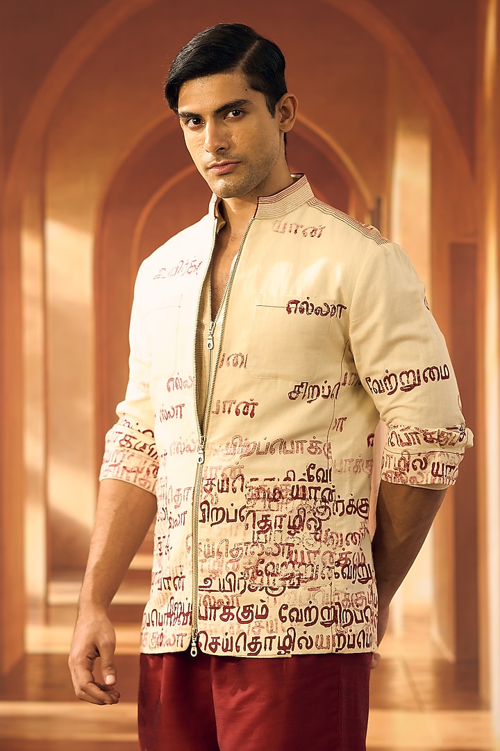Cream Linen Printed Shacket by Vivek Karunakaran at Pernia's Pop Up Shop