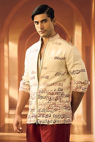 Cream Linen Printed Shacket by Vivek Karunakaran