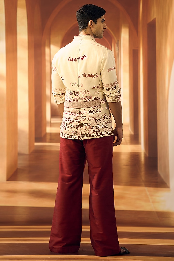 Cream Linen Printed Shacket by Vivek Karunakaran at Pernia's Pop Up Shop