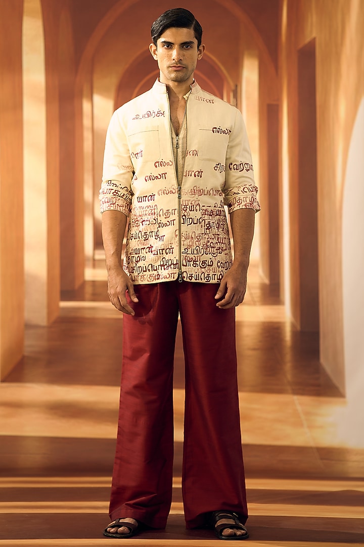 Cream Linen Printed Shacket by Vivek Karunakaran at Pernia's Pop Up Shop