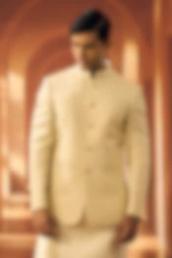 Cream Linen Silk Jacquard Wedding Bandhgala by Vivek Karunakaran at Pernia's Pop Up Shop