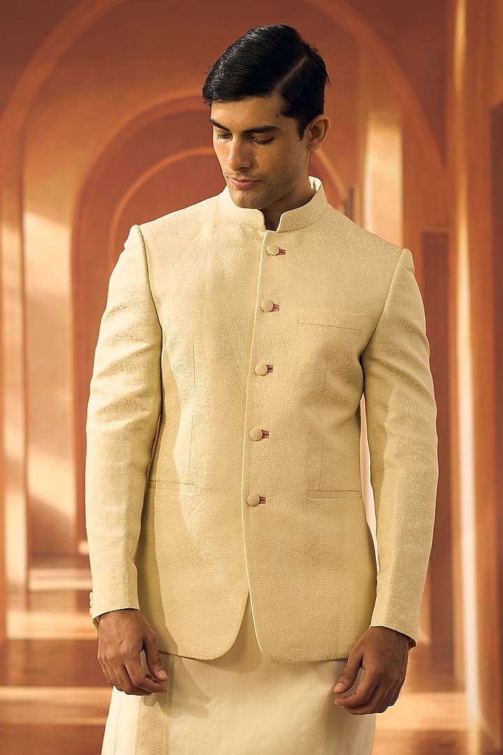 Cream Linen Silk Jacquard Wedding Bandhgala by Vivek Karunakaran at Pernia's Pop Up Shop