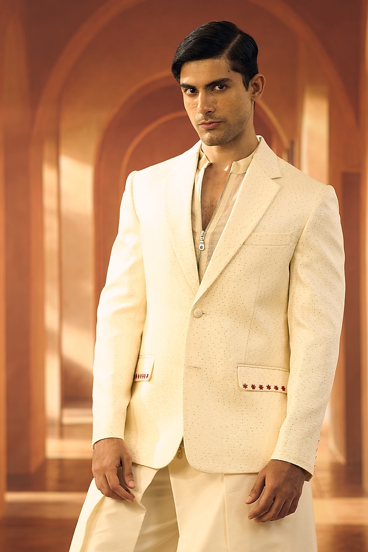 Cream Jute Silk Jacket by Vivek Karunakaran at Pernia's Pop Up Shop