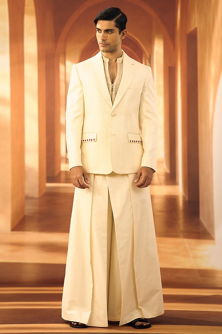 Cream Jute Silk Jacket by Vivek Karunakaran at Pernia's Pop Up Shop