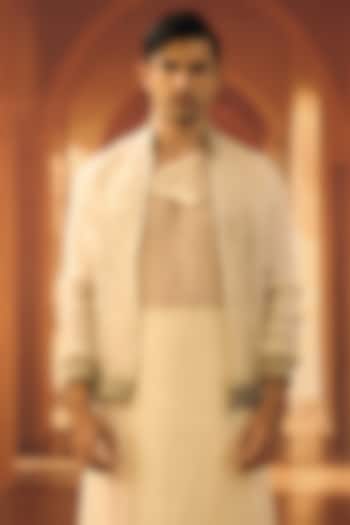 Cream Organza Hand Embroidered Bomber Jacket by Vivek Karunakaran at Pernia's Pop Up Shop