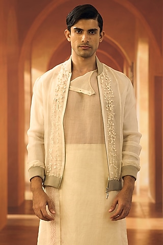 Cream Organza Hand Embroidered Bomber Jacket by Vivek Karunakaran
