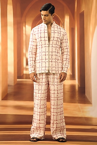 White Linen Checkered Pattern Co-Ord Set by Vivek Karunakaran