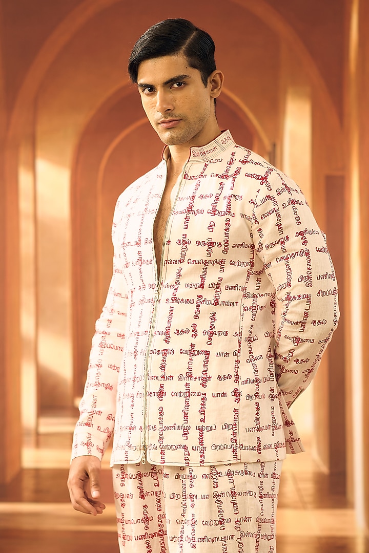 White Linen Checkered Pattern Co-Ord Set by Vivek Karunakaran at Pernia's Pop Up Shop