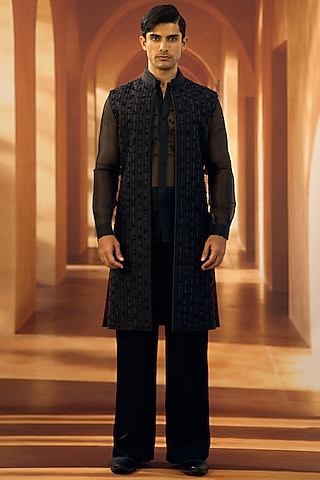 Black Semi Raw Silk Machine Embroidered Sleeveless Open Sherwani by Vivek Karunakaran