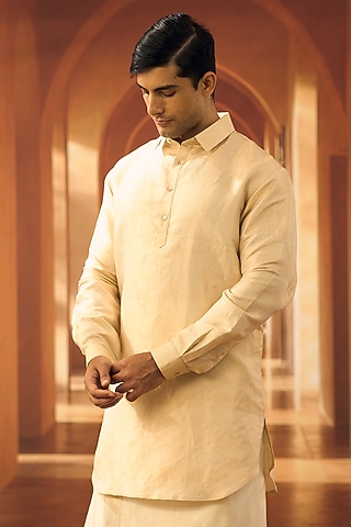 Cream Silk jacquard Kurta by Vivek Karunakaran