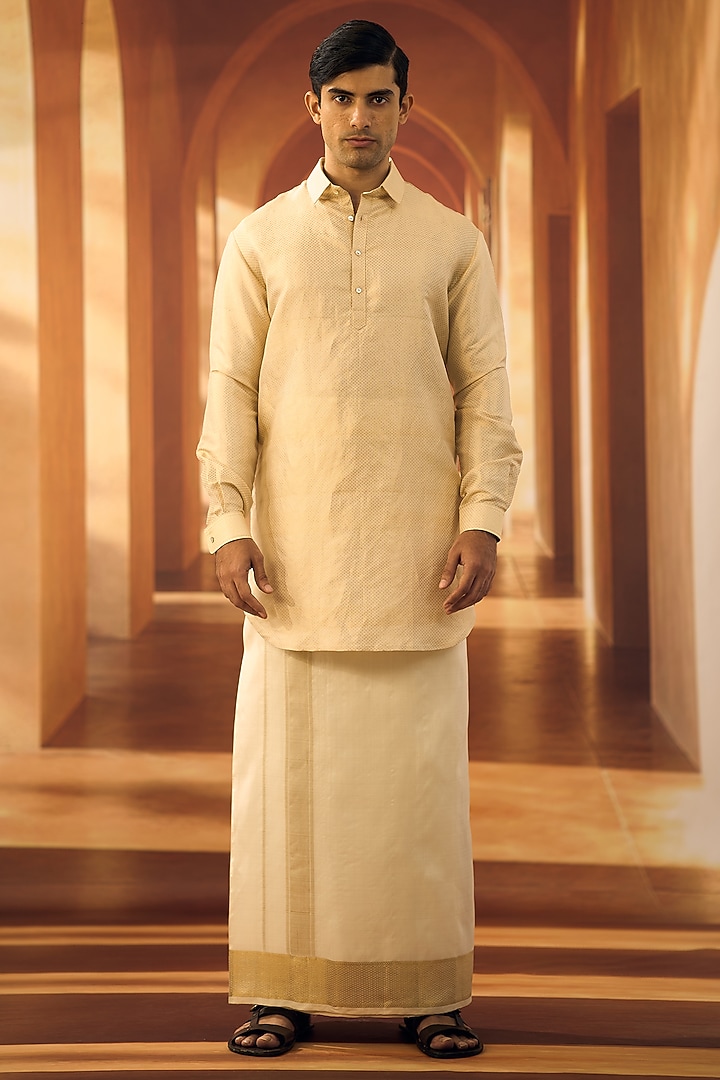 Cream Silk jacquard Kurta by Vivek Karunakaran at Pernia's Pop Up Shop