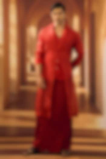Scarlet Red Organza Trench Coat by Vivek Karunakaran at Pernia's Pop Up Shop