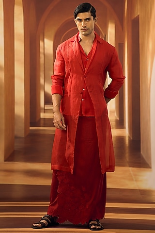 Scarlet Red Organza Trench Coat by Vivek Karunakaran