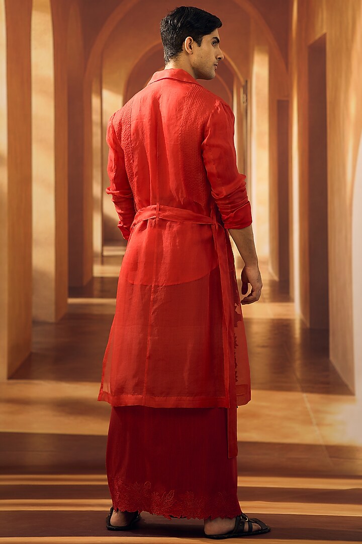 Scarlet Red Organza Trench Coat by Vivek Karunakaran at Pernia's Pop Up Shop