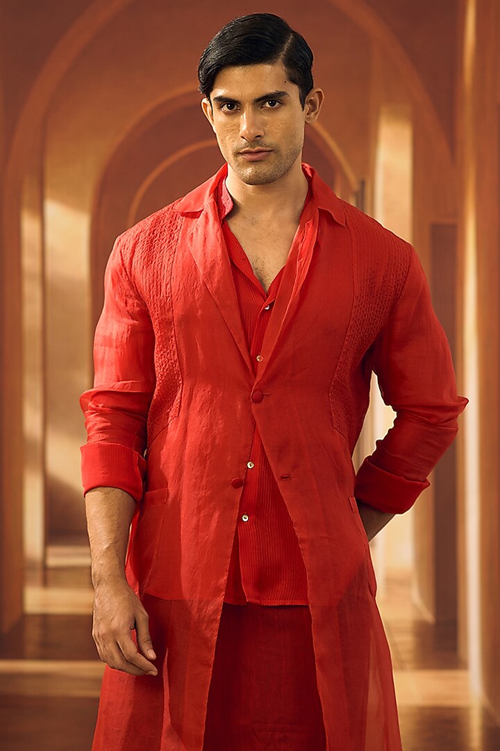 Scarlet Red Organza Trench Coat by Vivek Karunakaran at Pernia's Pop Up Shop