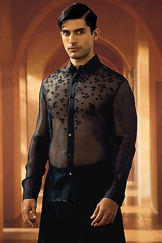 Black Organza Applique Hand Embroidered Shirt by Vivek Karunakaran