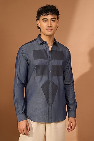 Bluish Grey Chambray Color-Block Shirt by Vivek Karunakaran