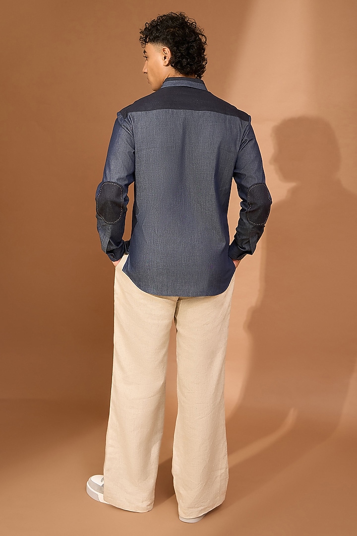 Bluish Grey Chambray Color-Block Party Wear Shirt by Vivek Karunakaran at Pernia's Pop Up Shop