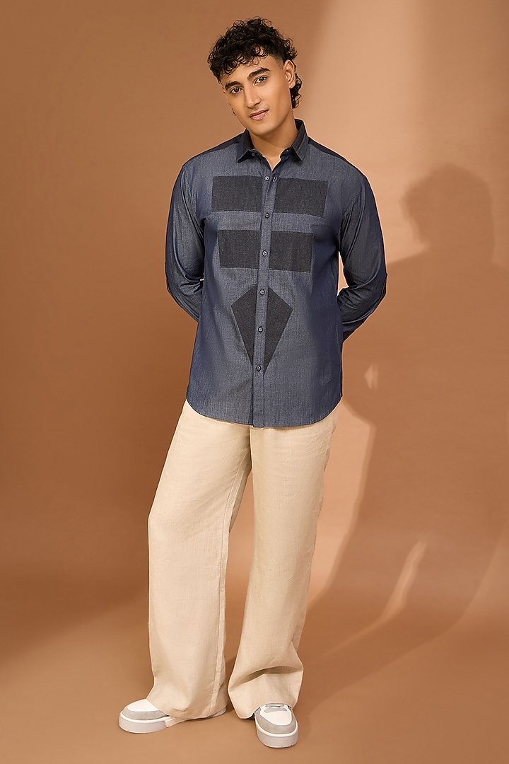 Bluish Grey Chambray Color-Block Party Wear Shirt by Vivek Karunakaran at Pernia's Pop Up Shop