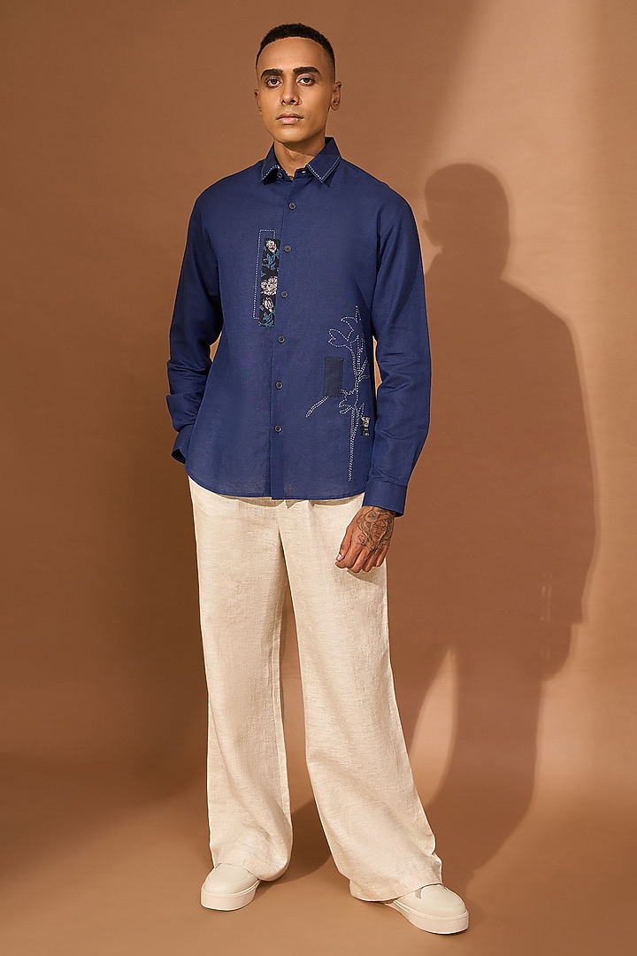 Indigo Linen Kalamkari Patch Applique Work Party Wear Shirt by Vivek Karunakaran at Pernia's Pop Up Shop