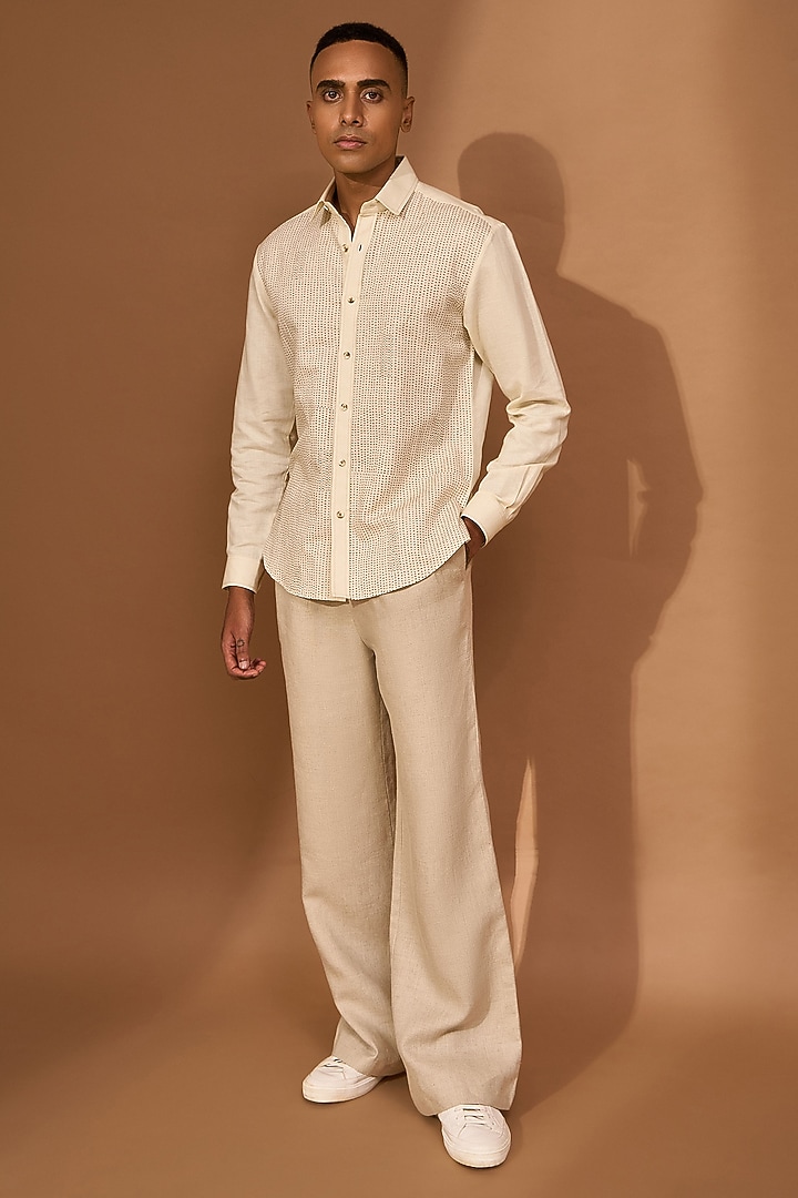 Cream Linen Smudge Printed Party Wear Shirt by Vivek Karunakaran at Pernia's Pop Up Shop