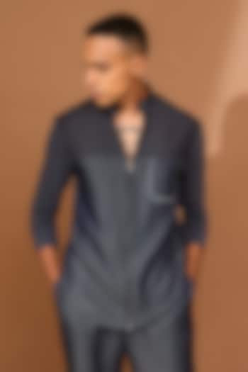 Bluish Grey Denim Tencel Embroidered Shirt by Vivek Karunakaran