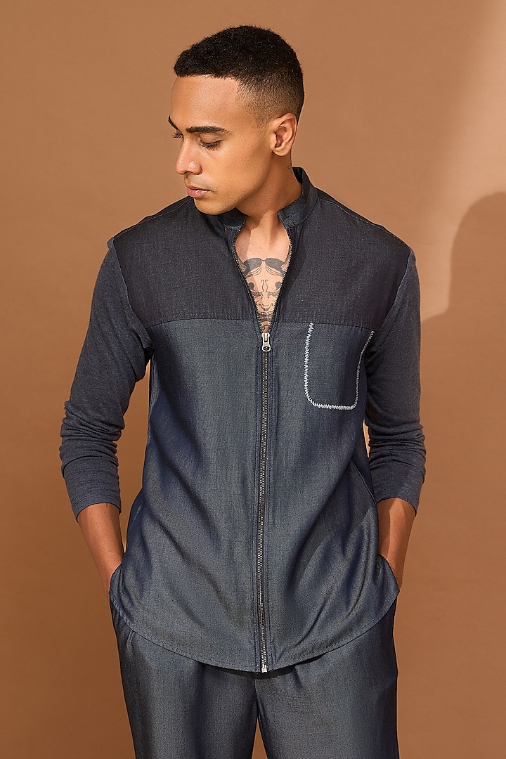 Bluish Grey Denim Tencel Embroidered Shirt by Vivek Karunakaran
