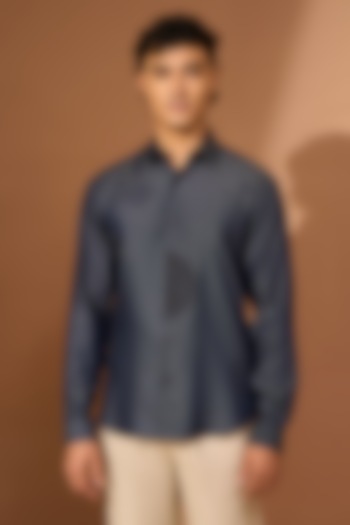 Bluish Grey Denim Tencel Patch Applique Shirt by Vivek Karunakaran