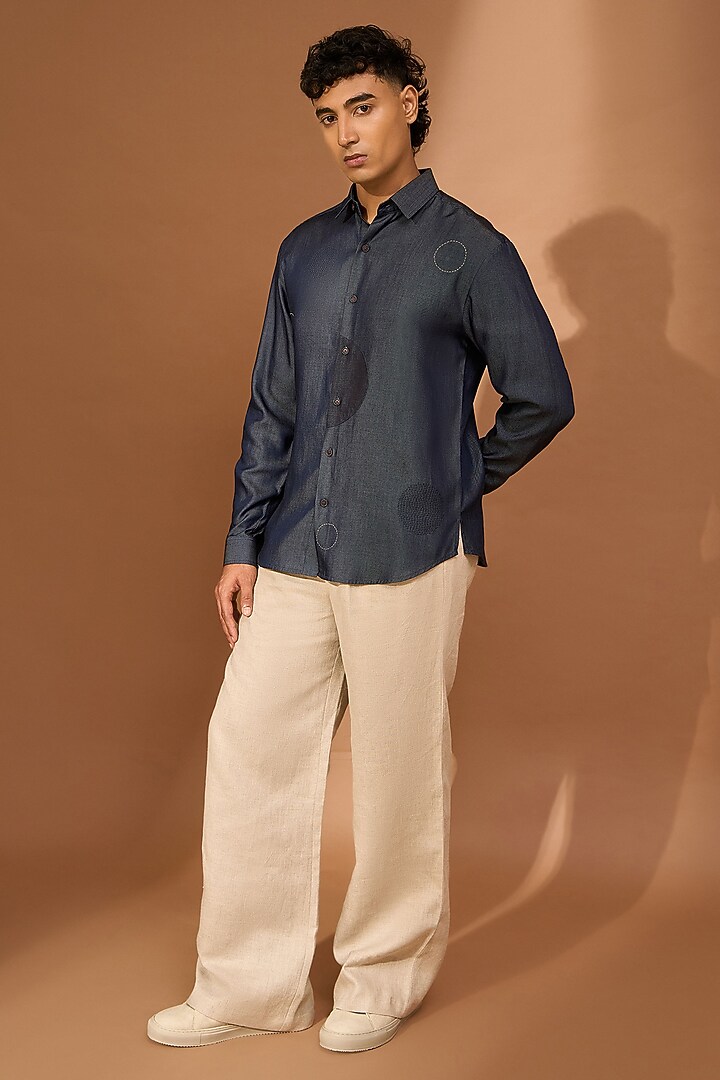 Bluish Grey Denim Tencel Patch Applique Party Wear Shirt by Vivek Karunakaran at Pernia's Pop Up Shop