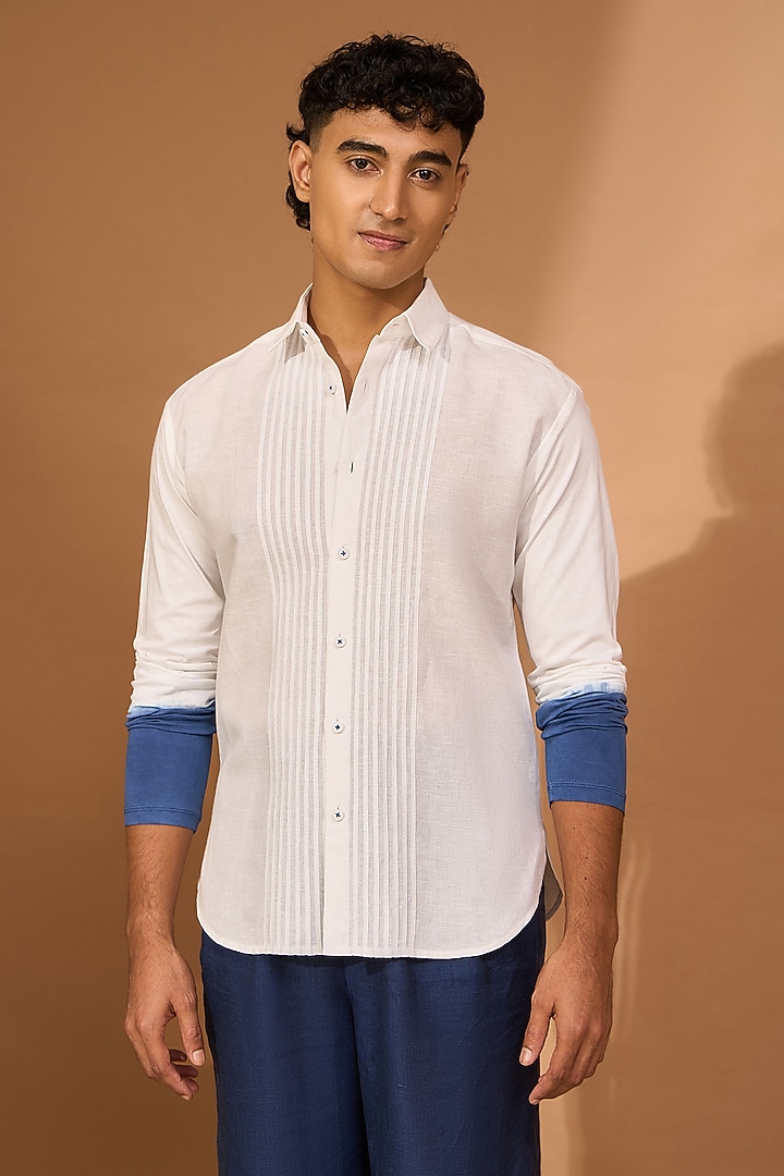 White Cotton Linen Party Wear Shirt by Vivek Karunakaran at Pernia's Pop Up Shop
