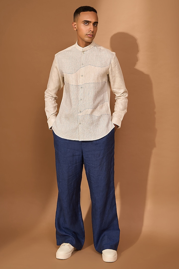 Cream Linen Party Wear Shirt by Vivek Karunakaran at Pernia's Pop Up Shop
