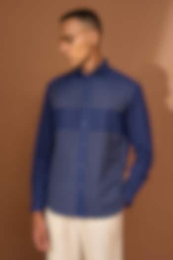 Ink Blue Linen Party Wear Shirt by Vivek Karunakaran at Pernia's Pop Up Shop