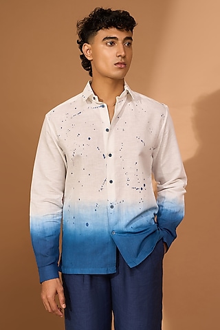 White- Indigo Cotton Linen Ombre Shirt by Vivek Karunakaran