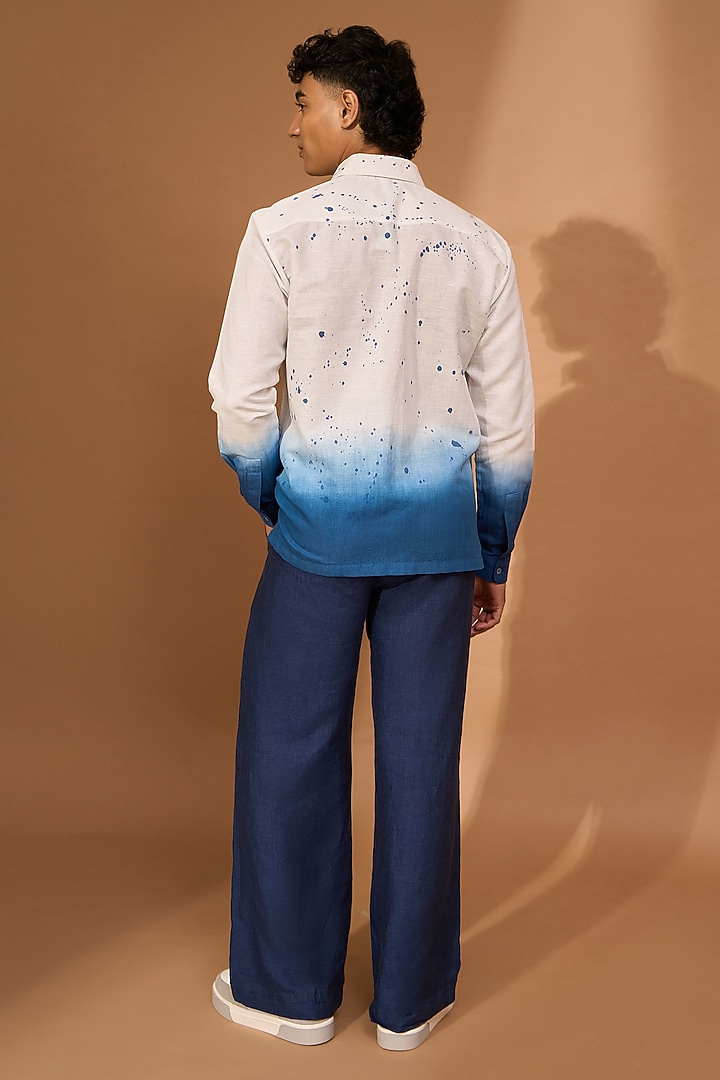 White- Indigo Cotton Linen Ombre Party Wear Shirt by Vivek Karunakaran at Pernia's Pop Up Shop