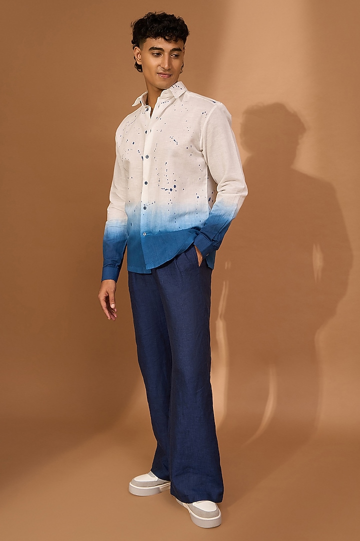 White- Indigo Cotton Linen Ombre Party Wear Shirt by Vivek Karunakaran at Pernia's Pop Up Shop