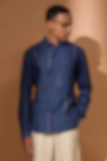 Indigo Linen Embroidered Party Wear Shirt by Vivek Karunakaran at Pernia's Pop Up Shop