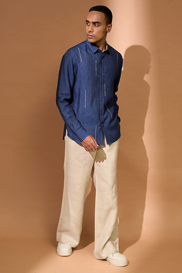 Indigo Linen Embroidered Party Wear Shirt by Vivek Karunakaran at Pernia's Pop Up Shop