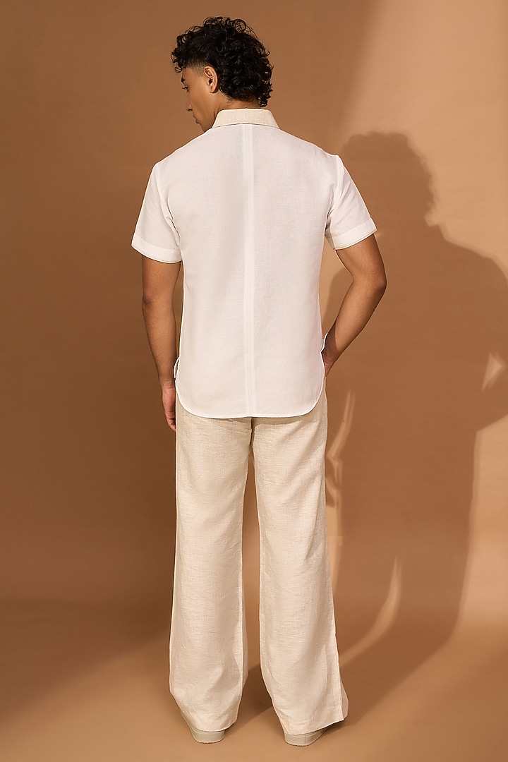 White Linen Embroidered Party Wear Shirt by Vivek Karunakaran at Pernia's Pop Up Shop