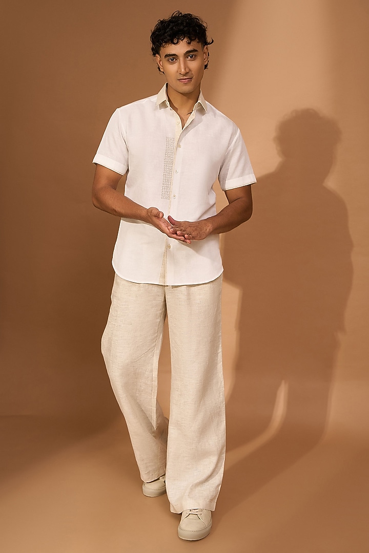 White Linen Embroidered Party Wear Shirt by Vivek Karunakaran at Pernia's Pop Up Shop