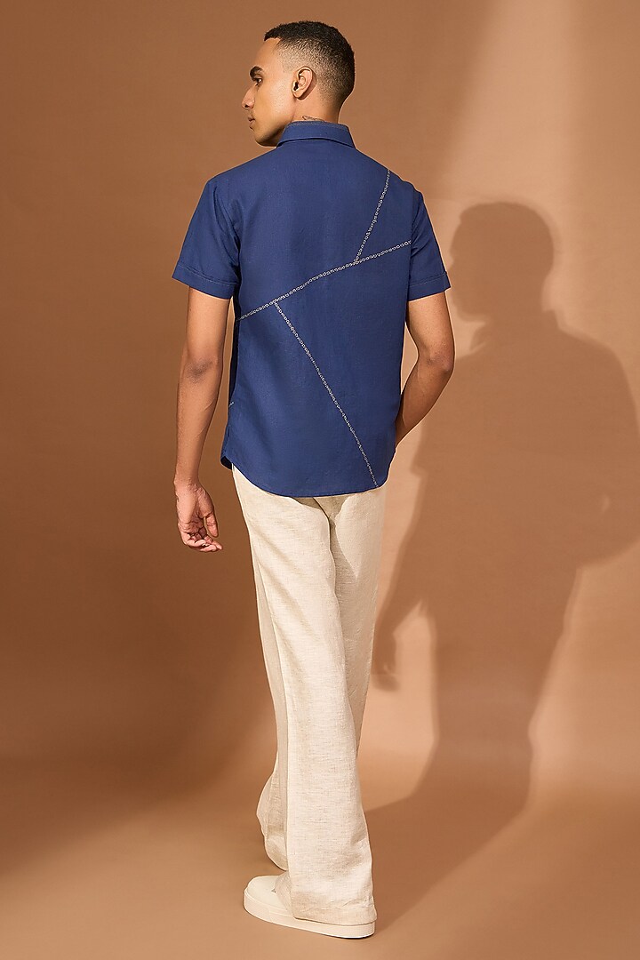 Ink Blue Cotton Linen Geometric Embroidered Party Wear Shirt by Vivek Karunakaran at Pernia's Pop Up Shop
