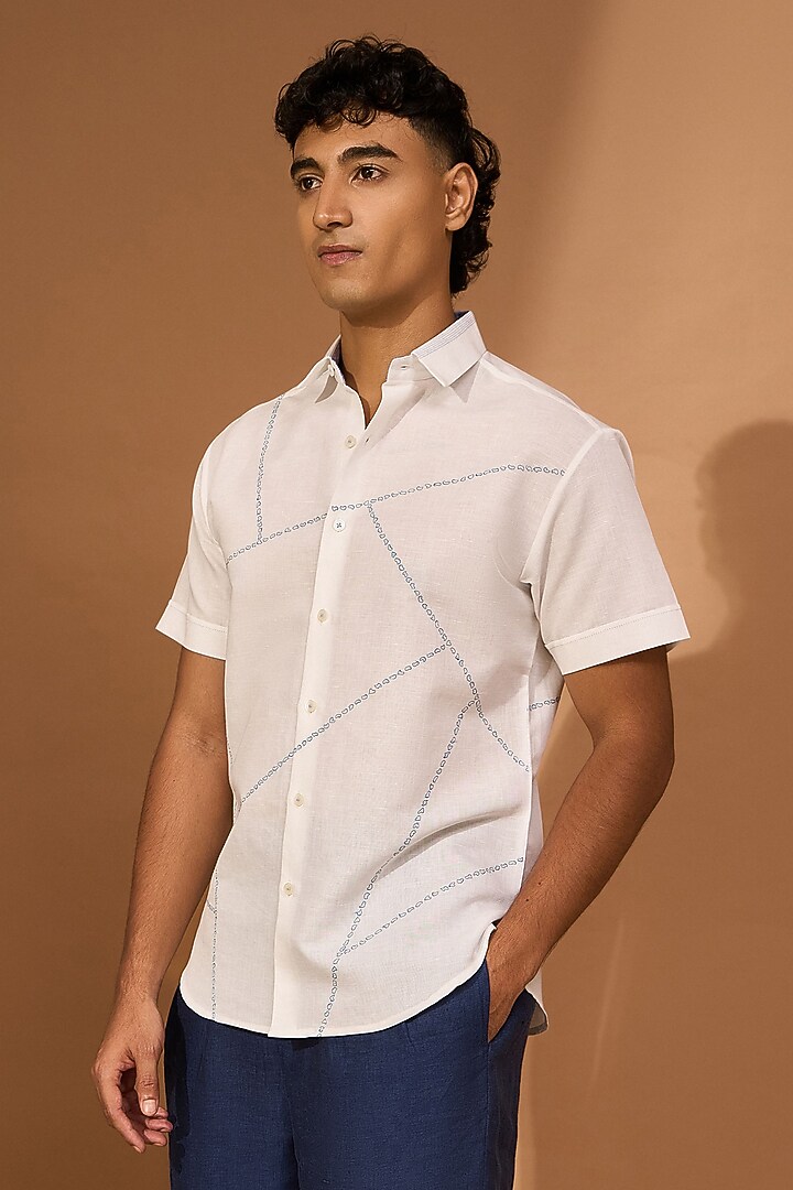 White Cotton Linen Abstract Embroidered Party Wear Shirt by Vivek Karunakaran at Pernia's Pop Up Shop