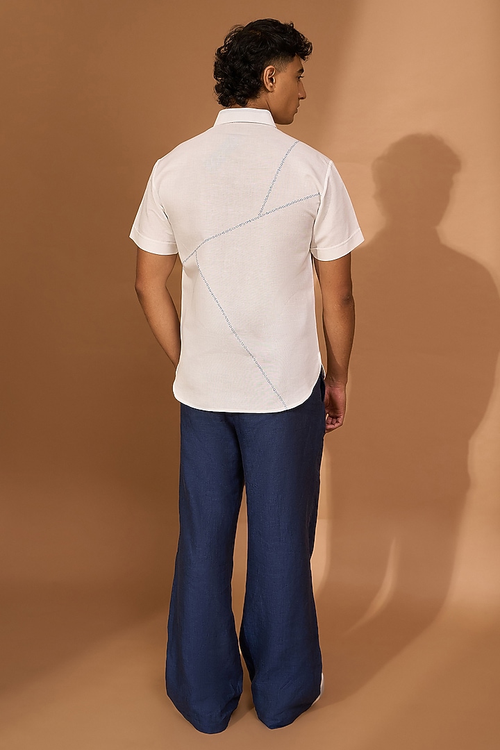 White Cotton Linen Abstract Embroidered Party Wear Shirt by Vivek Karunakaran at Pernia's Pop Up Shop