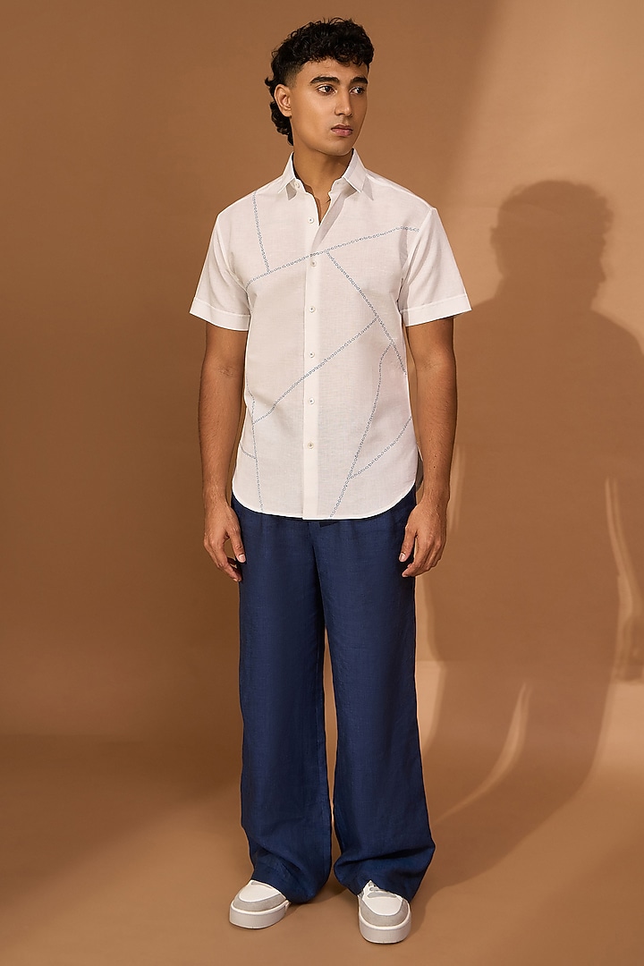 White Cotton Linen Abstract Embroidered Party Wear Shirt by Vivek Karunakaran at Pernia's Pop Up Shop