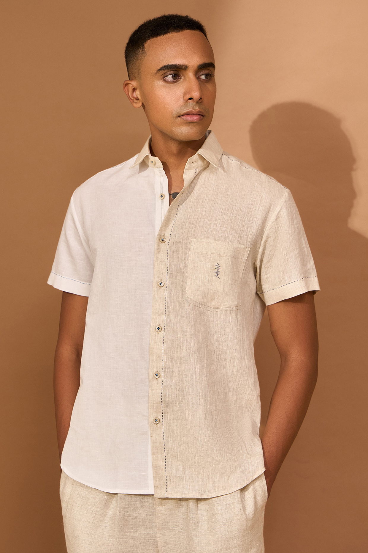 White & Beige Color-Block Cotton Linen Shirt by Vivek Karunakaran