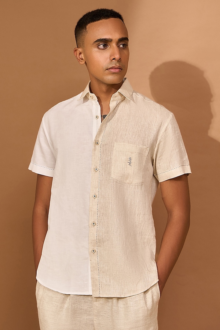 White & Beige Color-Block Cotton Linen Shirt by Vivek Karunakaran