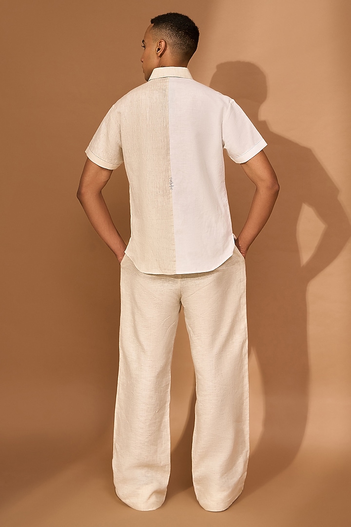 White & Beige Color-Block Cotton Linen Party Wear Shirt by Vivek Karunakaran at Pernia's Pop Up Shop