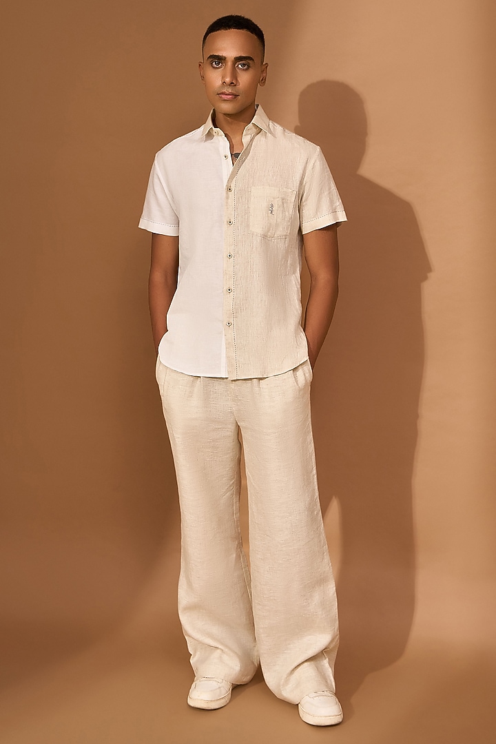 White & Beige Color-Block Cotton Linen Party Wear Shirt by Vivek Karunakaran at Pernia's Pop Up Shop