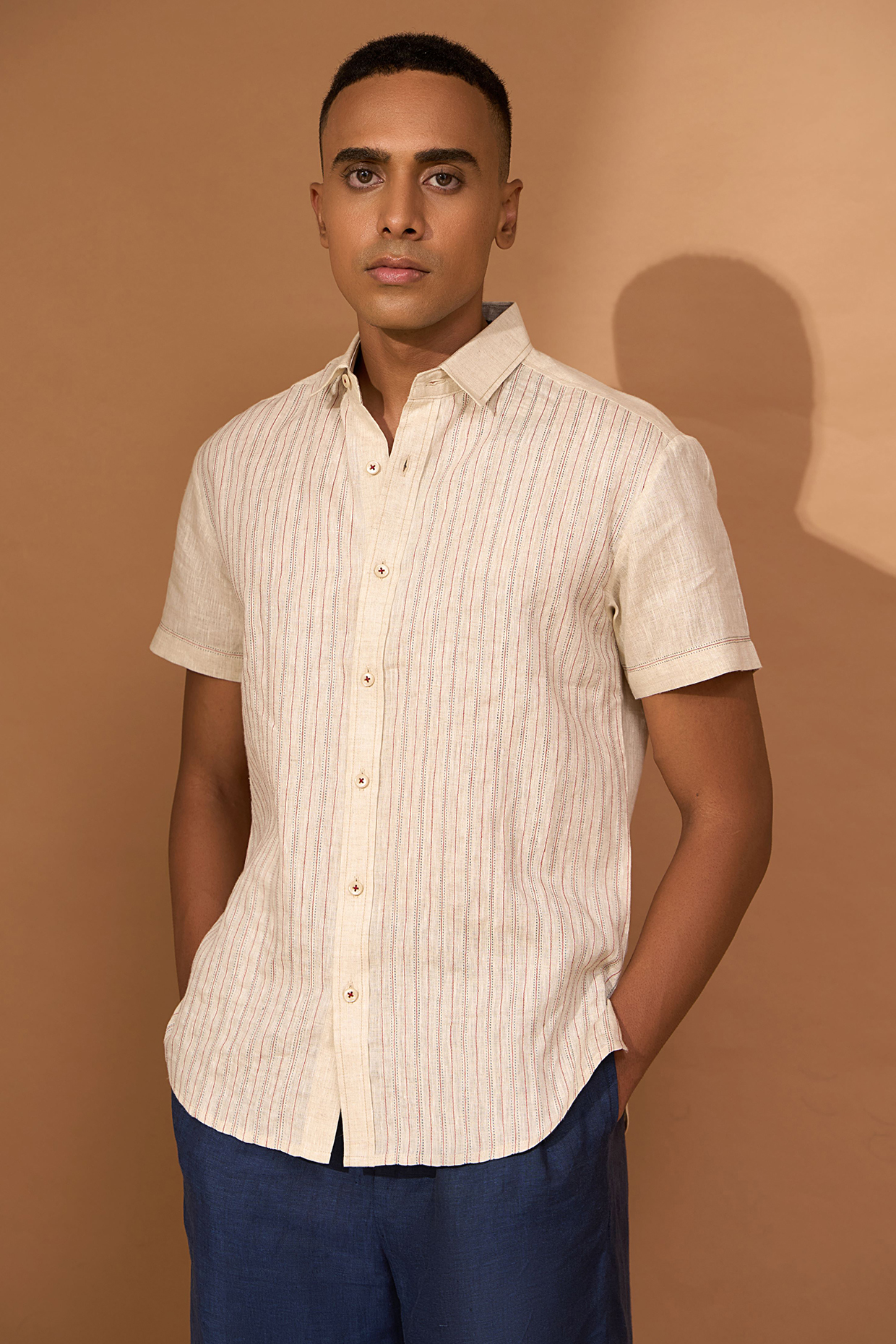 Beige Linen Shirt by Vivek Karunakaran